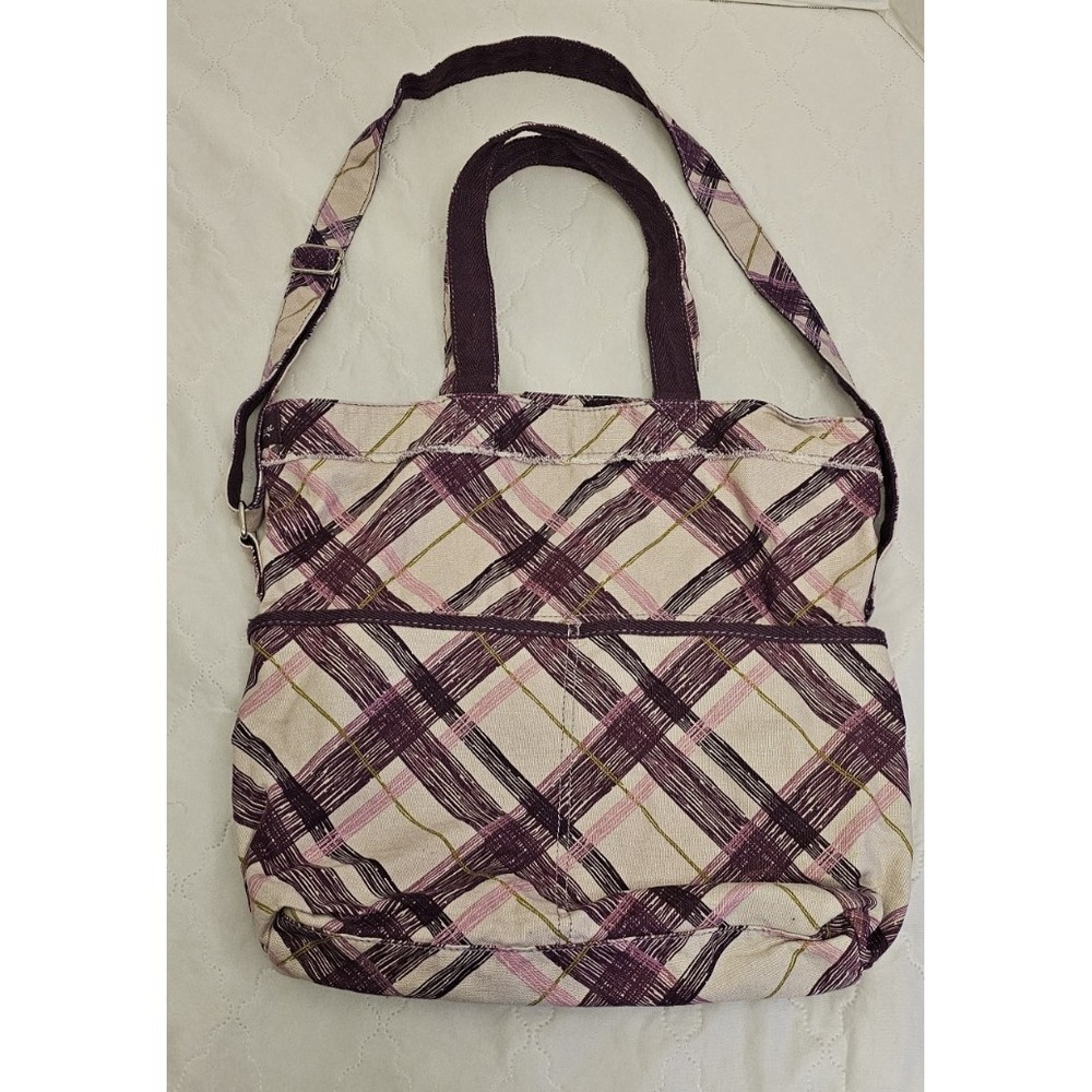 Thirty-One Retro Metro Fold Over Plum Purple Plaid Bag Tote Crossbody Purse